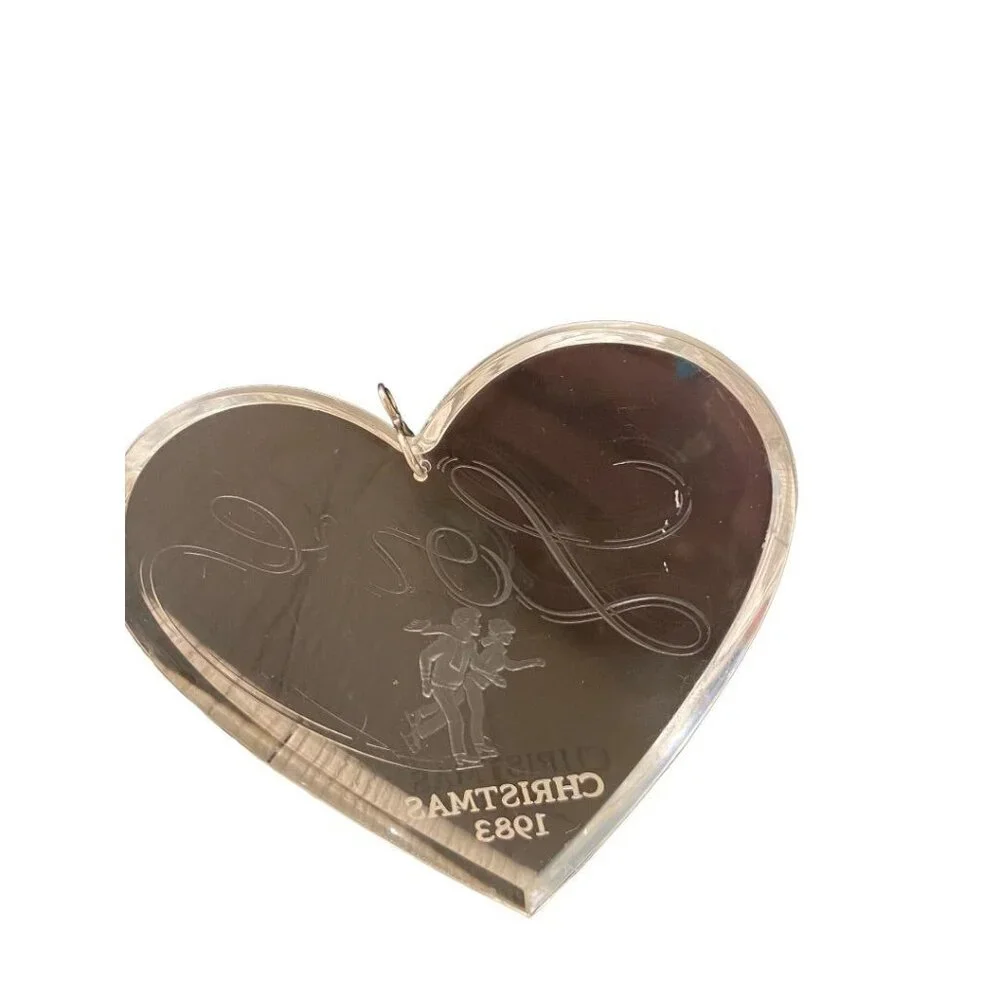 Clear Acrylic Christmas 1983 Ornament Love Ice Skaters Heart Shape 3 3/4